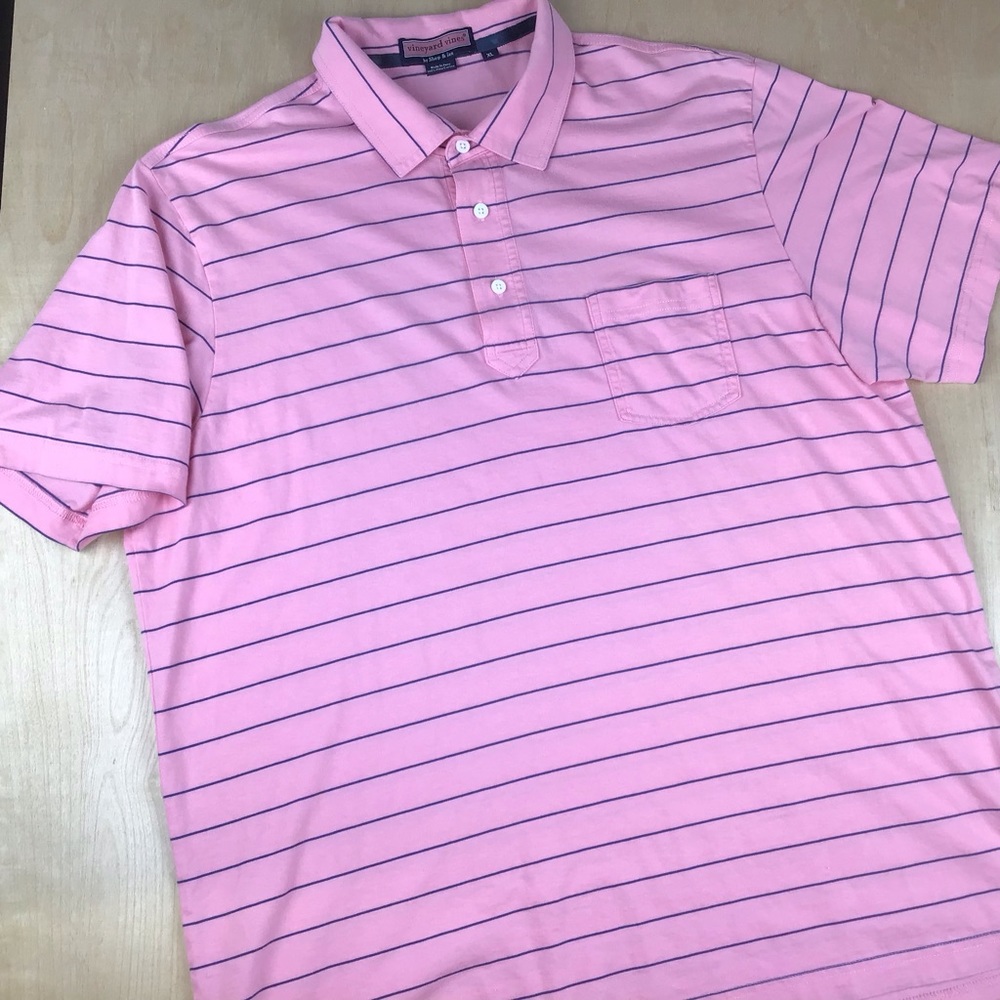 Vineyard Vines Mens XL Pima Cotton Polo Shirt Pink Blue Stripped Whale